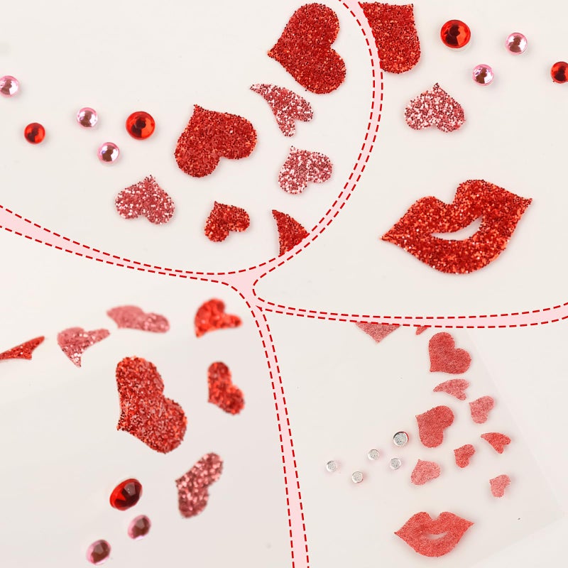 Jacnkb Valentine's Day Face Gems Face Jewels Stickers Red Love Heart Lip Self Adhesive Eye Body Face Nail Hair Crystal Rhinestones for Makeup Festival Glitter Face Art Decor 2Sheets (style1) - Image 3